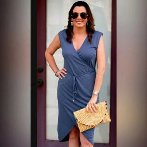 A New Day A.N.D. EUC Faux Blue Wrap Dress Tulip Hem Medium